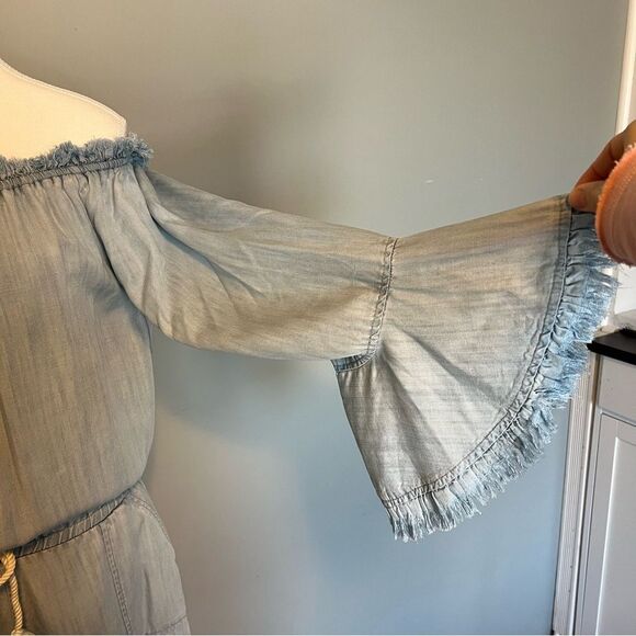 Ramy Brook Esie Chambray Romper Size XS Long Bell Sleeves Off the Shoulder - Picture 6 of 10